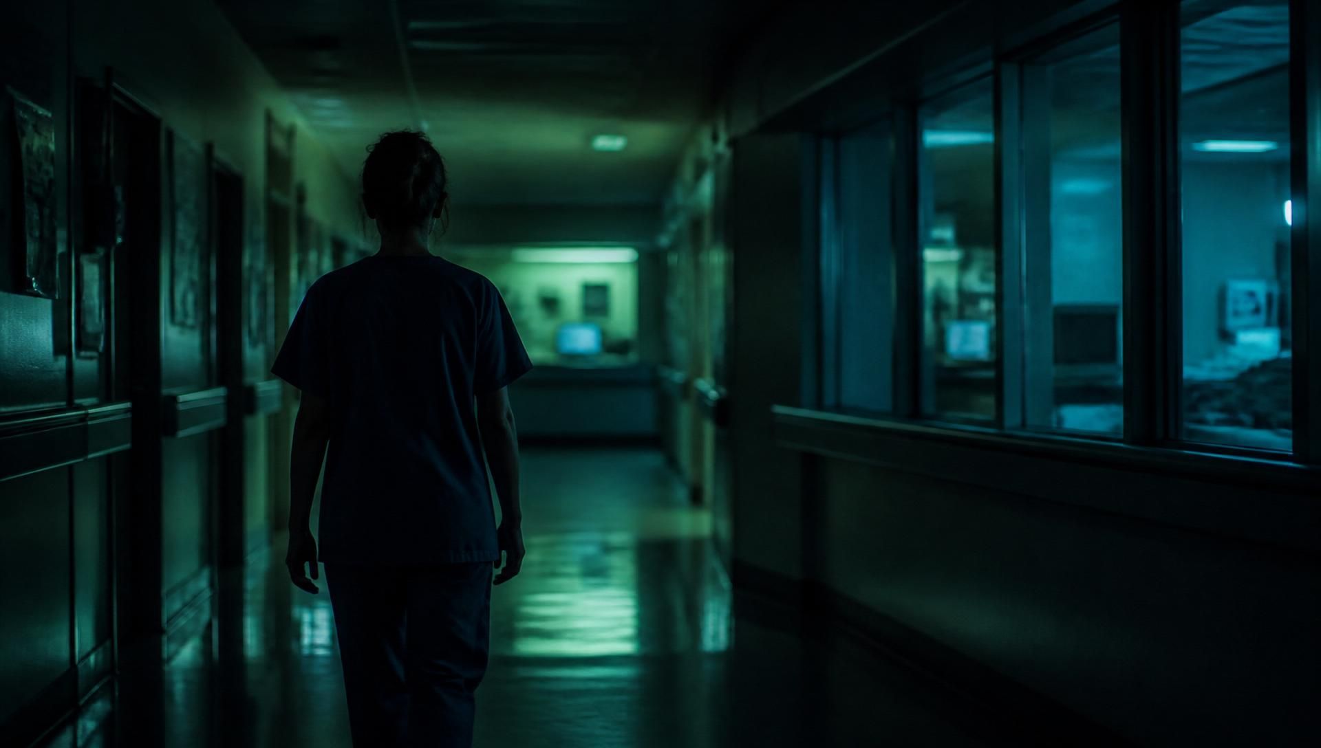Healthcare worker walking a quiet hospital corridor during a night shift